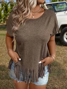 EMERY ROSE Plus Size Casual T-Shirt With Tassel Hem - Coffee Brown - View 4