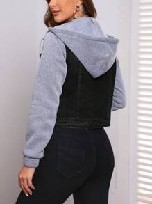 EMERY ROSE Women's Color Block Long Sleeve Hooded Denim Jacket - Black - View 2