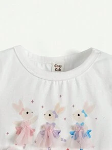 Cozy Pixies Vestido de manga corta para bebé niña con falda de malla y patrón de conejito caricatura con cintura elástica