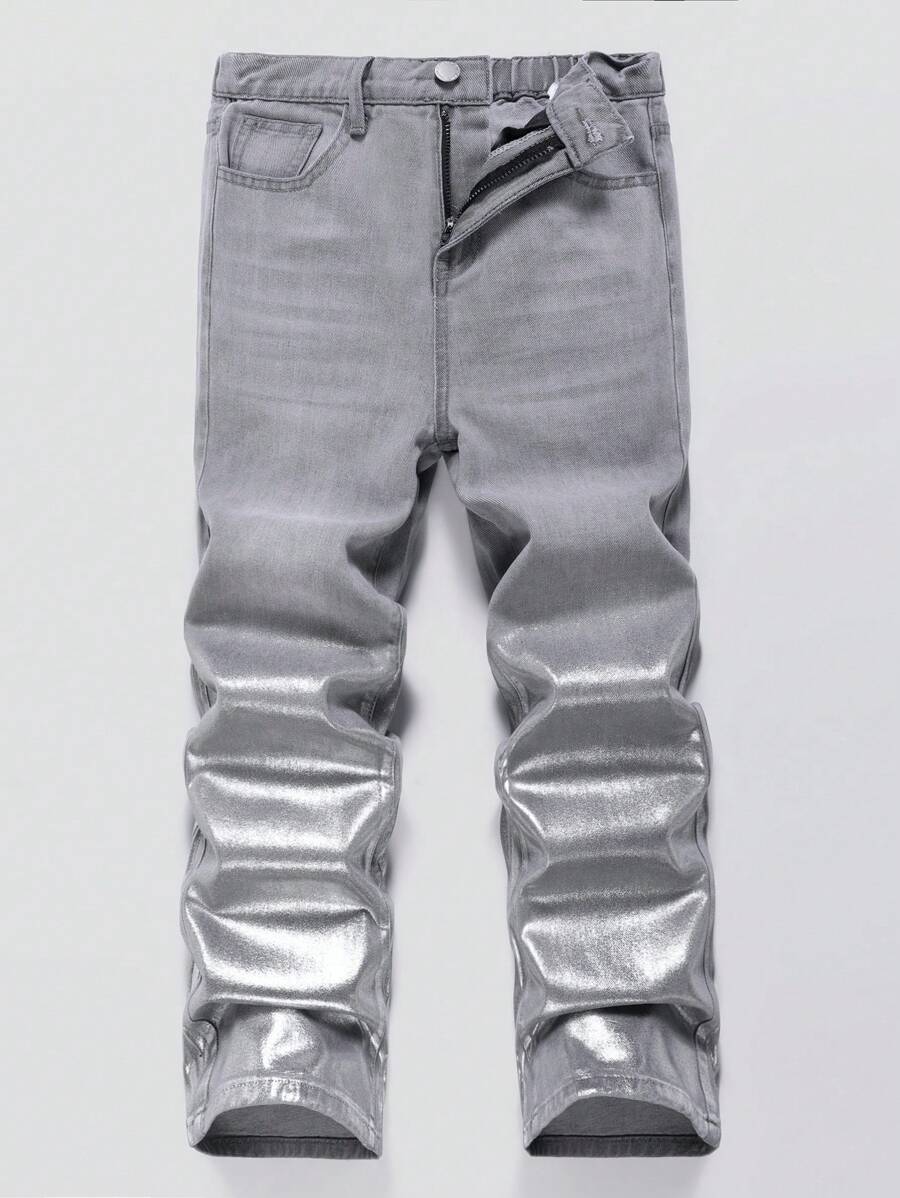 SHEIN Tween Boy Cool Metal Texture Gradient Insert Pocket Jeans - Grey - View 1
