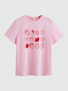 ROMWE Kawaii Strawberry Print Tee - Pink - View 1