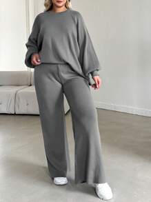 EURMUSE Plus Size Solid Color Casual Sweater Set - Light Grey - View 7