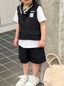 SHEIN Young Boy Spring/Summer Stylish Black Collared Sleeveless Jacket With Letter Patch Matched With Solid Color Shorts