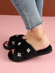 Furry Slippers Open Toe Women's Indoor House Slippers Soft & Warm For All Seasons - Black - View 5