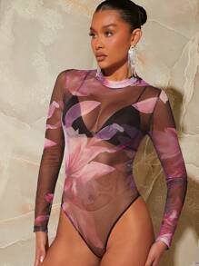 Hauture 花卉印花透明網布連身衣 - 黑色 - 查看 1