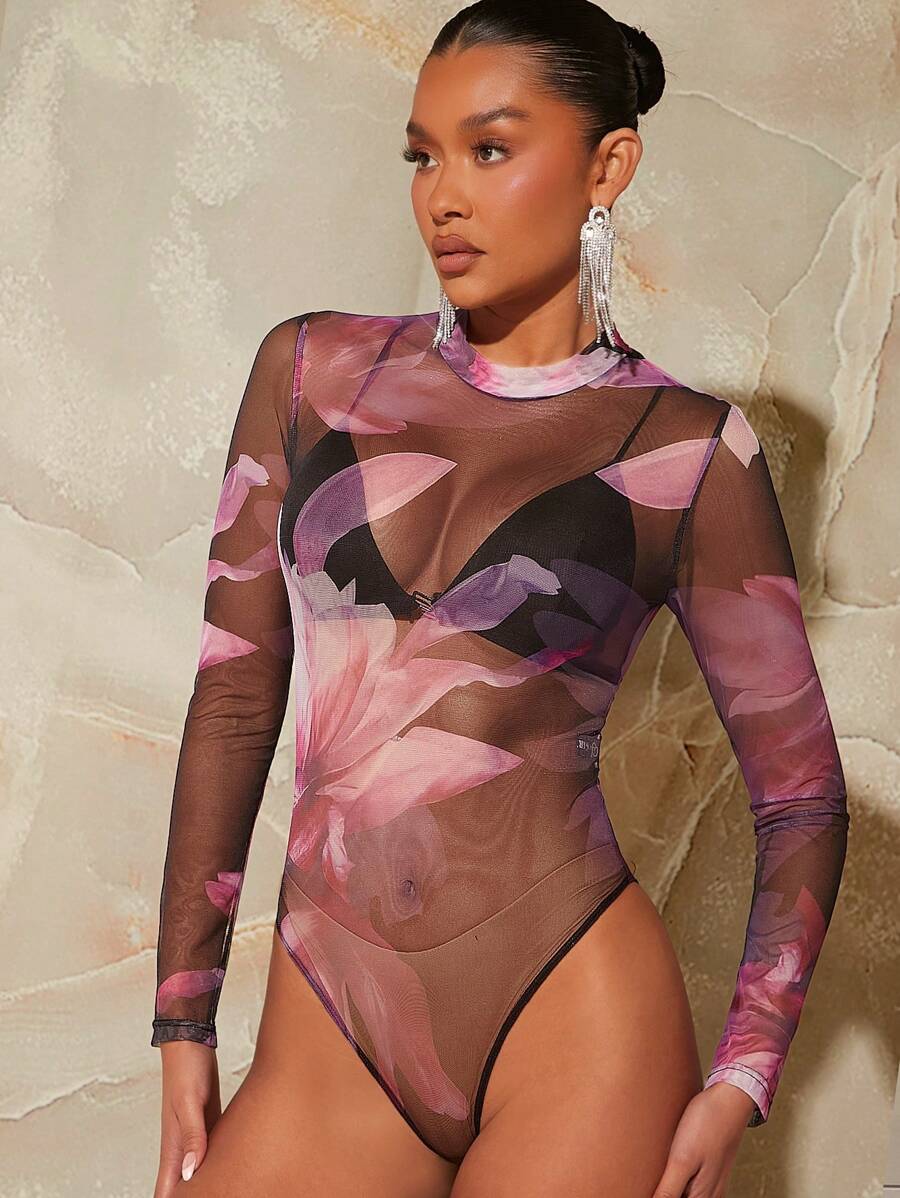 Hauture 花卉印花透明網布連身衣 - 黑色 - 查看 1