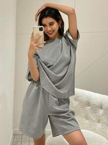 Livesso Women's Round Neck T-Shirt And Shorts Cozy Homewear Set Summer Pajama - Grey - View 6