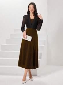 Modelyn Contrast Mesh Cinching Waist Casual Dress - Champagne - View 7