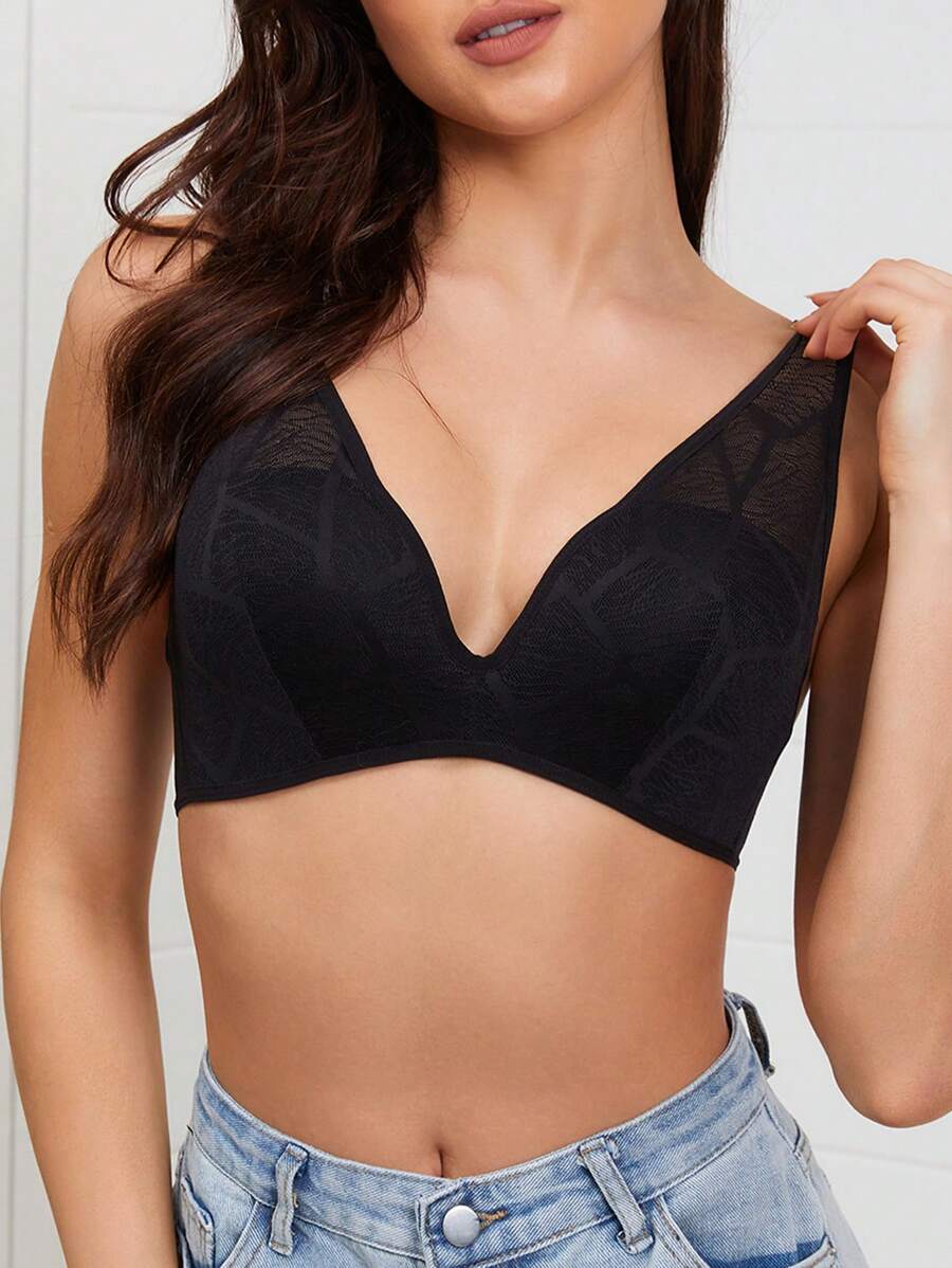 V-Neckline Women Lace Wireless Bra, 1pc - Black - View 1