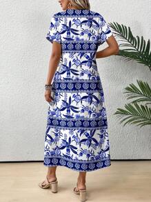 SHEIN VCAY Women's Floral Printed V-Neck Batwing Sleeve Dress