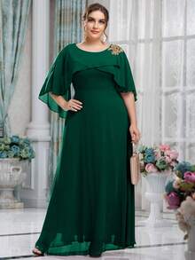 UNITHORSE Đầm phù dâu bằng chiffon thêu hoa thanh lịch, cổ tròn, cỡ lớn dành cho nữ. - Màu xanh lá cây đậm - Xem 8