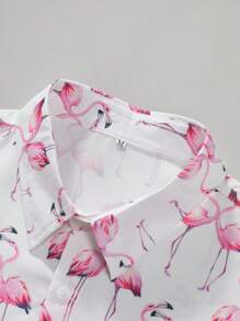 Men's Pink Flamingo Print Short Sleeve Shirt - Red and White - View 3