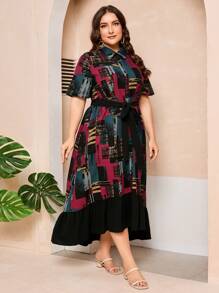 Mulvari Plus Size Women's Printed Shirt Dress With Patchwork Design - Multicolor - View 7
