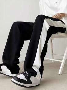 Manfinity Dauomo Men's Color Block Straight Leg Pants, For Fall - Black - View 6