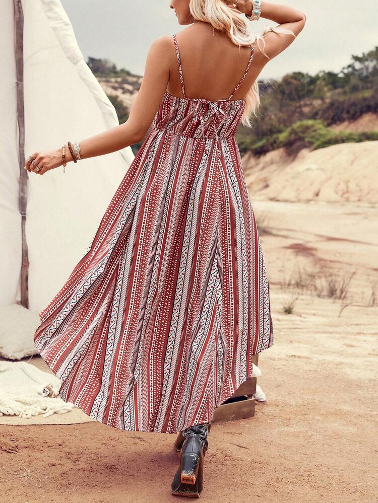 Women's Striped Geometric Print Spaghetti Strap Dress