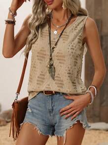 SHEIN LUNE Loose Fit V Neck Ripped Sleeveless Tank Top For Casual Wear Country Concert Tops - Khaki - View 6