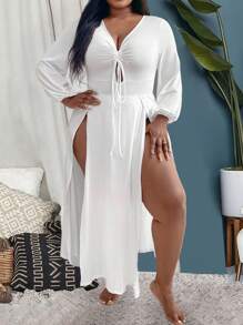 SHEIN Clasi Plus Size Lantern Sleeve High-Split Hem Dress Fall Cloth For Women - White - View 4