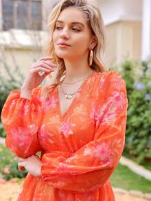 SHEIN VCAY Chiffon Floral Print Lantern Sleeve Dress With Elastic Waist - Orange - View 6