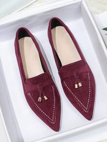 2024新款女士平底泵鞋,舒適柔軟的經典英式工作、休閒款式,尺寸適用大腳碼41-43號,女士尖頭鞋 - 酒紅色 - 查看 5
