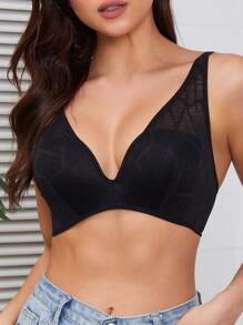 V-Neckline Women Lace Wireless Bra, 1pc - Black - View 3