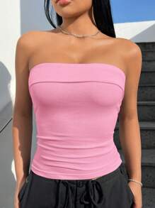 SHEIN EZwear Solid Color Knitted Tube Top - Pink - View 5