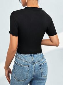 SHEIN Privé Áo thun viền xù & viền sóng lãng mạn, đi chơi hàng đầu - màu đen - Xem 2