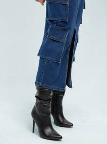 Forever 21 Women's Mid-Length Denim Skirt With Utility Elements - Blue - View 5