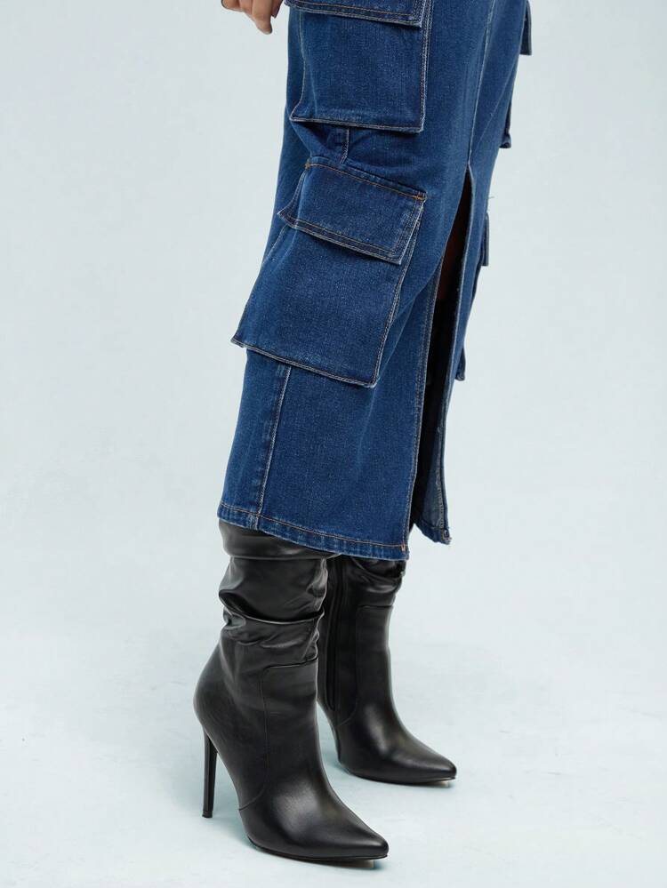 Women's Mid-Length Denim Skirt With Utility Elements