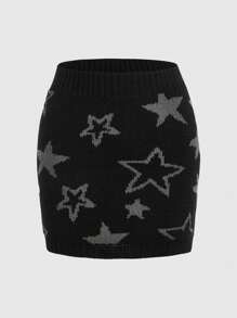 ROMWE Grunge Punk Star Pattern Knit Skirt - Black - View 1