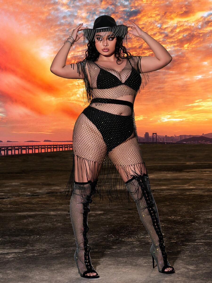 SHEIN SXY Plus Size Rhinestone Decor Fishnet Tank Top And Fringed Hem Skirt - Black - View 1