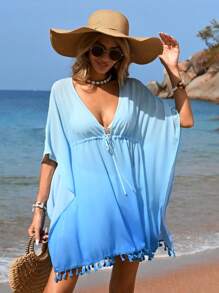 SHEIN VCAY Camisa Larga De Mujer Con Flecos De Cinturón Tejido Para Primavera / Verano, Super Suelta Con Parche Y Volantes Para Vacaciones - Azul - Ver 1