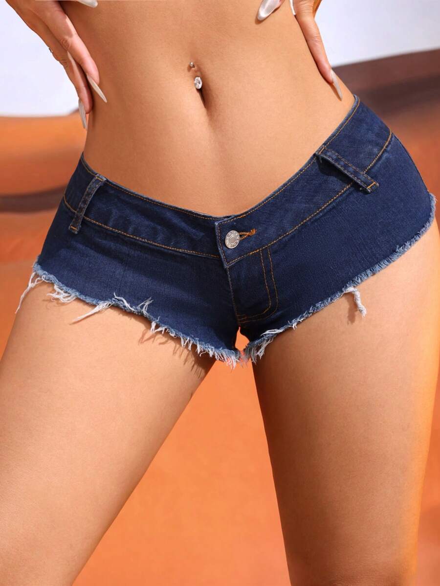 SHEIN SXY Low-Waist Frayed Edge Mini Denim Shorts - Blue - View 1