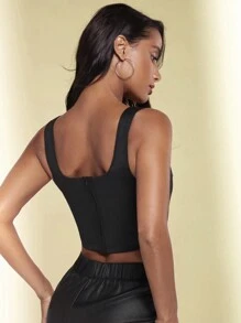 SHEIN BAE 不對稱下擺和扣細節設計的背心上衣,配有鑽石裝飾 - 黑色 - 查看 2