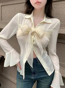 DAZY Bowknot Decorated Flare Sleeve Shirt,Ruffle - White - View 6
