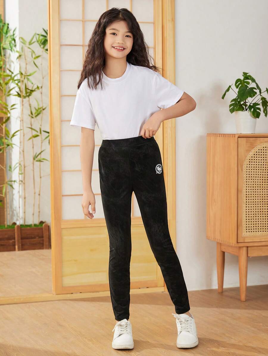 SHEIN Tween Girl Obcisłe białe legginsy do ćwiczeń z nadrukiem w litery i średnim stanem