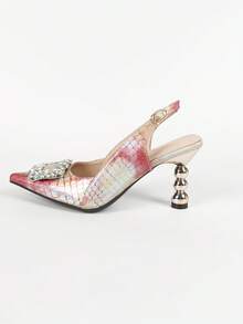 女士優雅的異形葫蘆形玫瑰金色高跟尖頭pu鑲鑽手提包,附有大型方形扣環和後拉鍊帶（鞋面隨機圖案）,適用於春季和夏季 - 彩色 - 查看 3