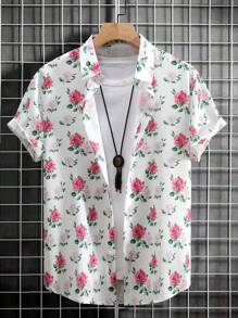 Men's Button Down Short Sleeve Shirt With Floral Print - Baby Pink - View 1