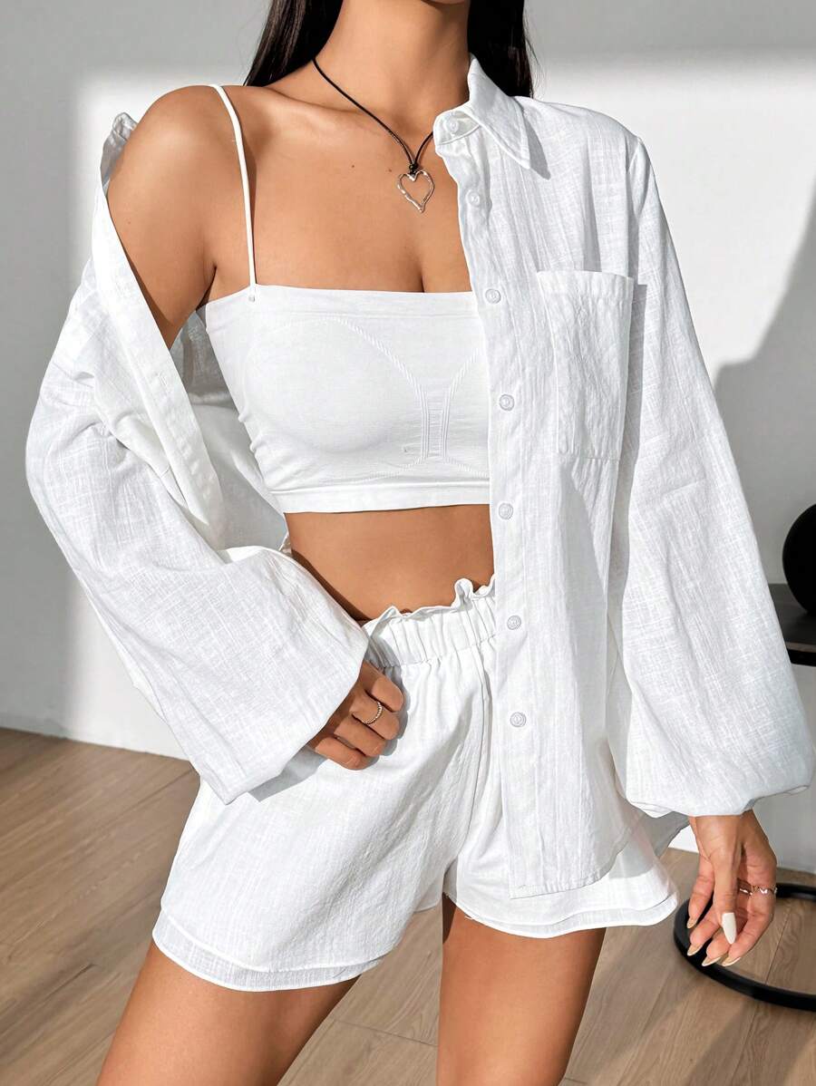 SHEIN Unity Solid Color Textured Button-Down Shirt And Shorts Summer Sets - White - View 1