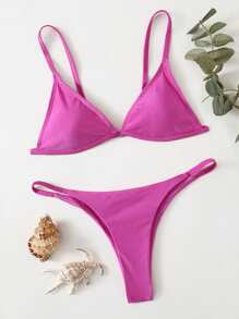 SHEIN Swim Summer Beach Triangle Thong Bikini Set - Hot Pink - View 1