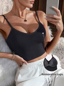 Women's Adjustable Strap Tank Top With Removable Padded Bra - Black - View 6