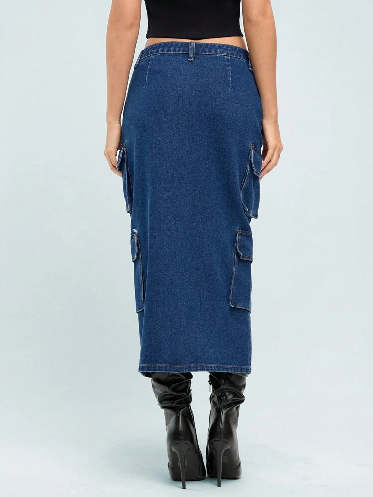 Women's Mid-Length Denim Skirt With Utility Elements