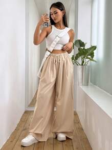 SHEIN Unity Women's Loose Fit Wide Leg Trousers With Pockets - Apricot - View 5