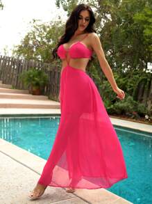 SHEIN SXY Fashionable Women's Sexy Rose Red Solid Color Chiffon Woven Elegant Vacation High-End Sleeveless Tight One-Shoulder Halter Neck Deep V Bra Waist Hollowed Out High Waist Tie High Slit Long Large Dress - Hot Pink - View 5