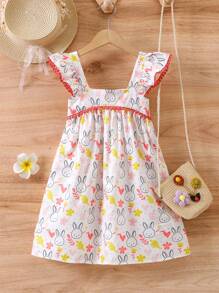 SHEIN Young Girl Casual Rabbit Pattern Printed Square Neck Flutter Sleeve Dress For Spring And Summer - White - View 1