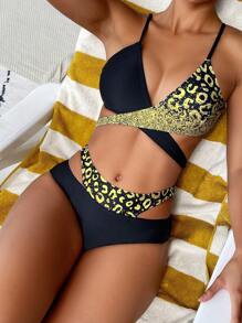 SHEIN Swim Leopard Print Hollow Out Splice Two-Piece Bikini Set Summer Beach - Multicolor - View 5