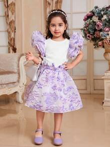 SHEIN Conjunto de 2 piezas para niña pequeña con blusa de manga corta y estampado floral jacquard y falda