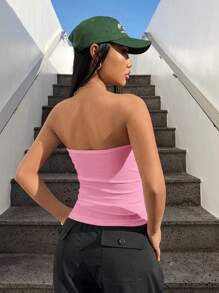 SHEIN EZwear Solid Color Knitted Tube Top - Pink - View 2