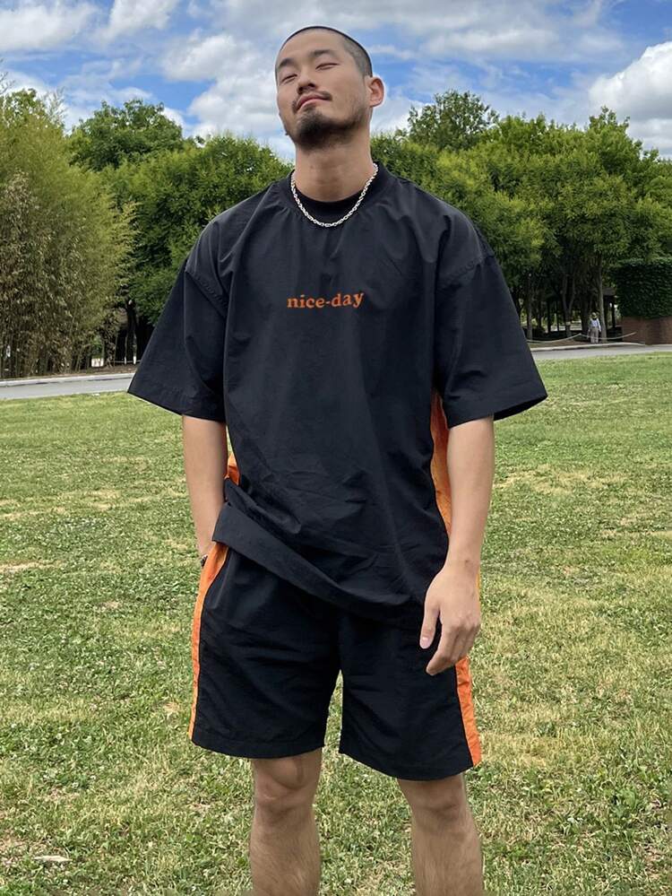 Men's Colorblock Letter Printed Short Sleeve T-Shirt And Shorts For Summer
