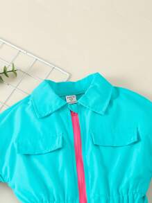 SHEIN Young Girl Casual Spring/Summer Color Block Jumpsuit With Pockets - Green - View 5