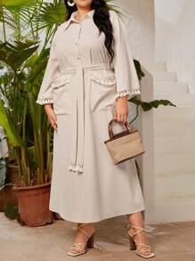 Mulvari Plus Size Button Half Placket Fringe Hem Tassel Dress - Apricot - View 7